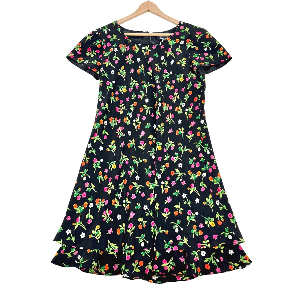 VTG Hampton Dress 90s Black Ditsy Floral Ruffle‎ Hem Mini Dress cottage whimsy